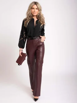Rechte Vegan leren cargo broek met middelhoge taille